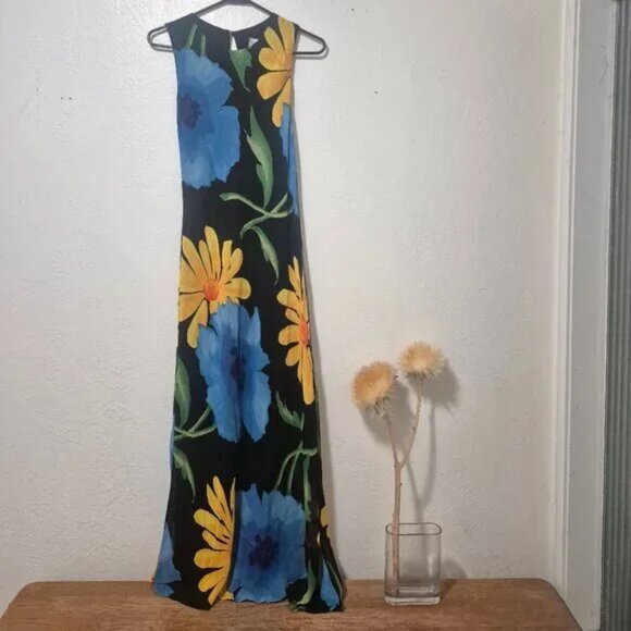 Vintage 90s Dark Floral Print Column Maxi Dress Size S - Picture 1 of 11